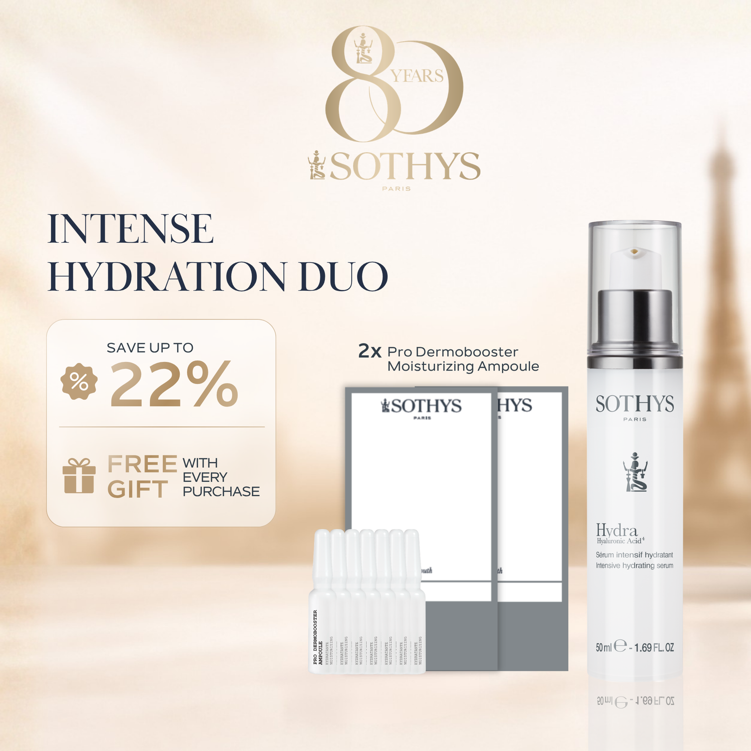 x2 Sets Pro Dermobooster Moisturizing Ampoule 7x1.5ML + Hydra Hyaluronic Acid⁴ Intensive Serum 50ML SET